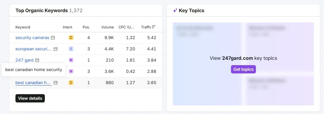 Security Guard Company — Top Keywords — Ranking Top 3 for security cameras (9.9K vol) and european security (4.4K vol)